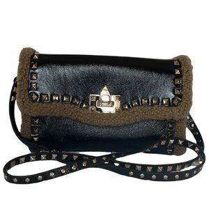 Valentino | Rare Black Small Flip lock Shearling Fur Rockstud Calfskin Crossbody